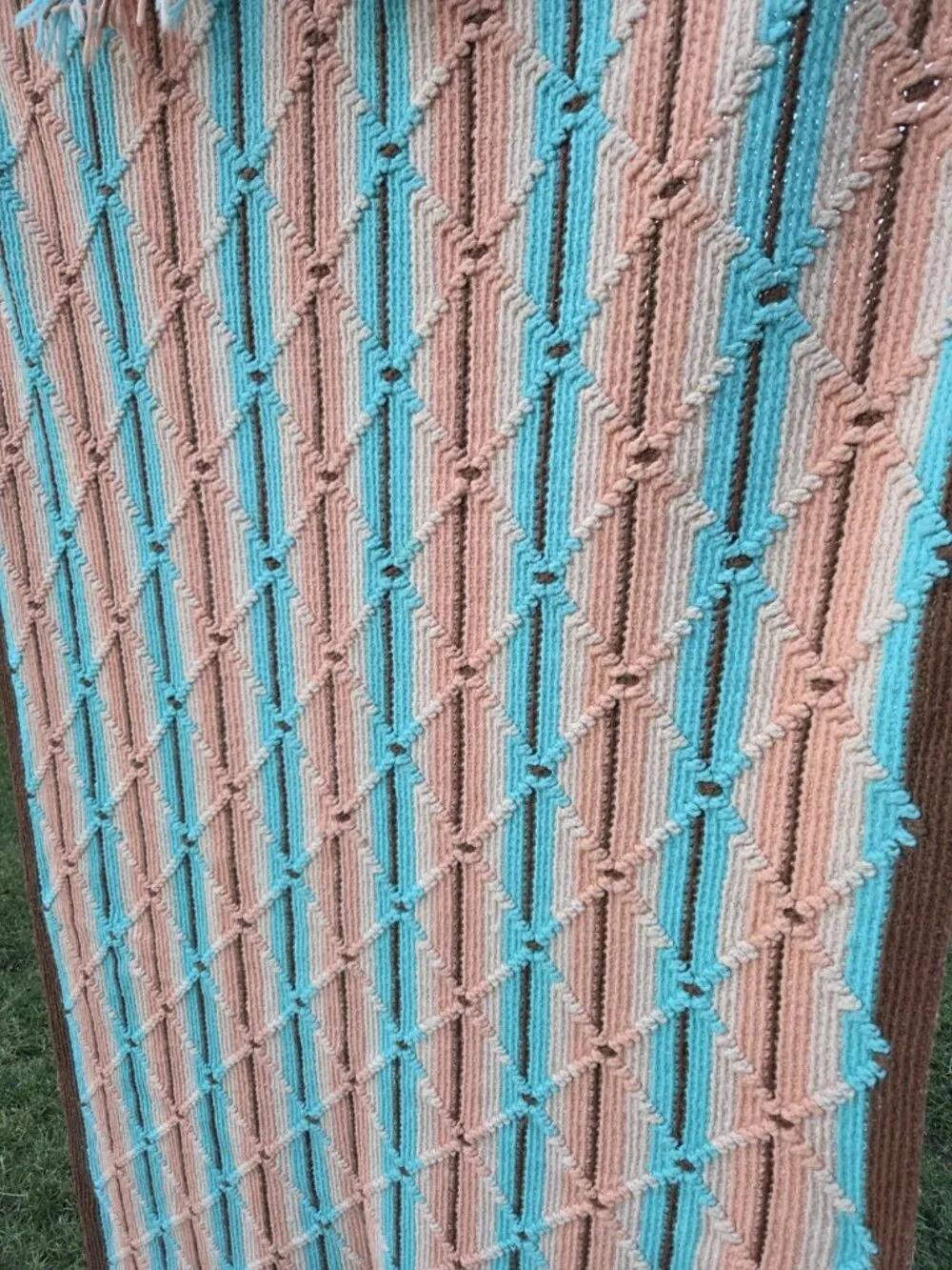 Vintage Handmade Afghan Fringe Throw Southwest Blanket 64 X 42” Turquoise Peach